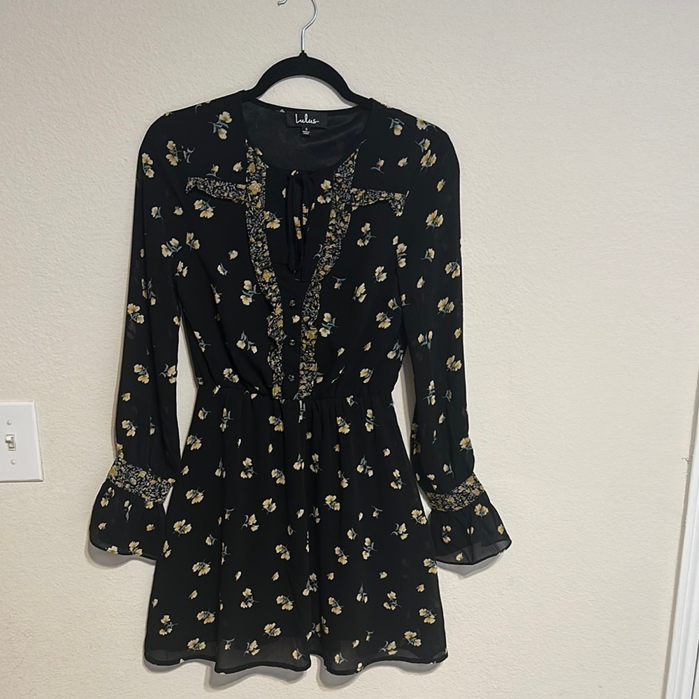 Lulu's Black Mini Dress with Yellow Floral Print